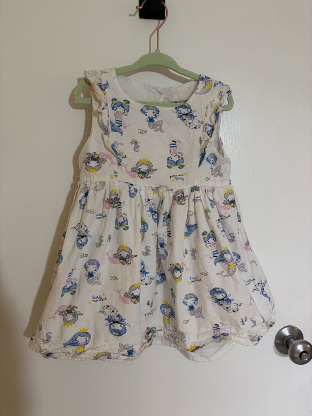 Girls White Little Mermaid Print Flutter-Sleeve Dress - Size 100 (US 4)
